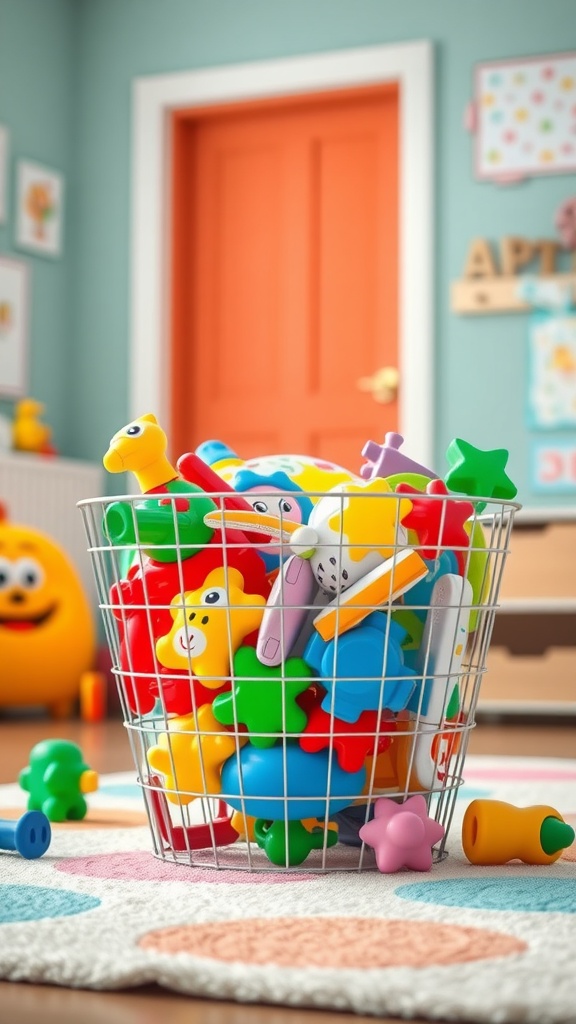 A wire basket filled with colorful children's toys, set in a playful room.