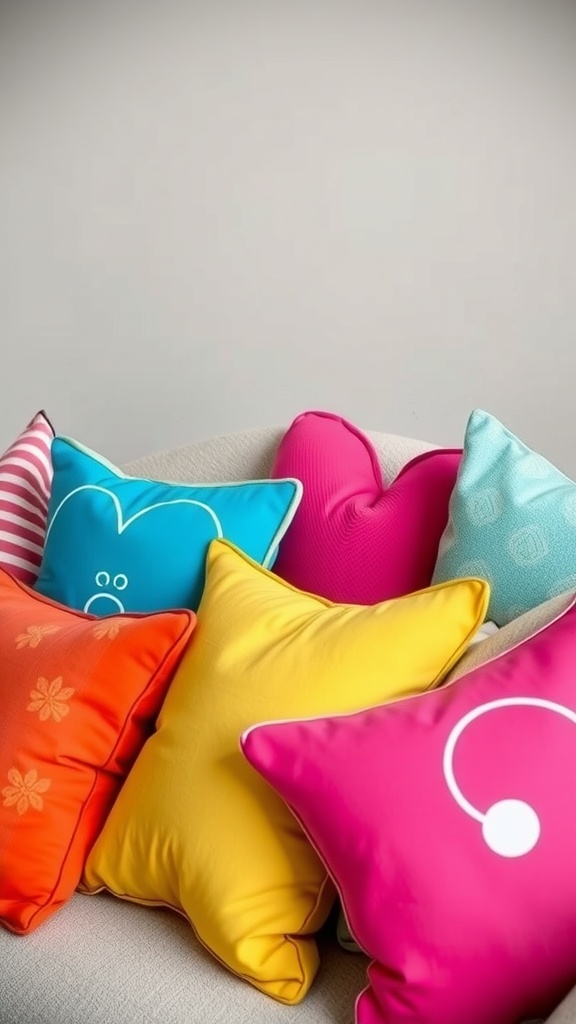 A colorful arrangement of playful throw pillows on a couch, featuring various shapes and designs.