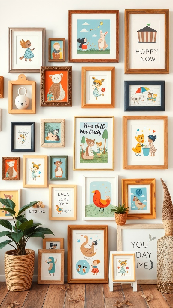 A wall filled with colorful and quirky framed art, featuring animals and cheerful phrases.