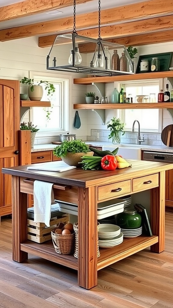 A rustic kitchen featuring a reclaimed wood island with fresh vegetables on top.