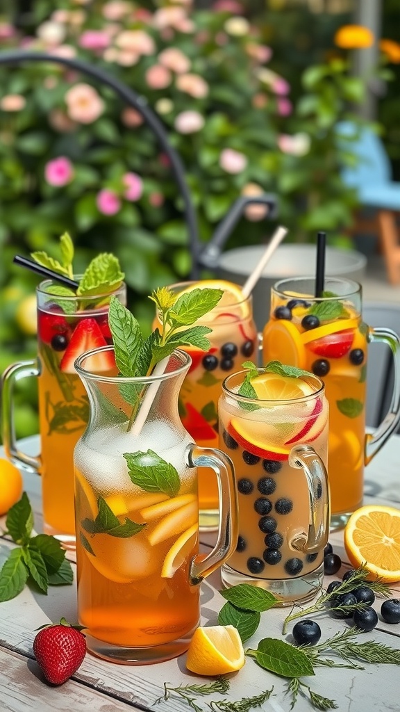 Colorful iced tea variations with fruits and mint in a garden setting.