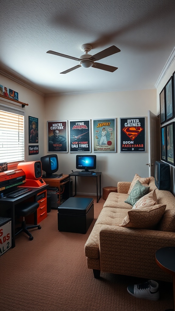 A cozy retro gaming lounge with vintage posters, two computer screens, a sofa, and a black storage ottoman.