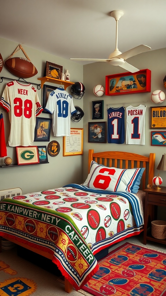 A vintage boys bedroom featuring sports memorabilia, including jerseys and a football-themed bedspread.