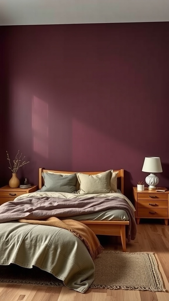 Bedroom with aubergine wall, wooden furniture, and cozy bedding