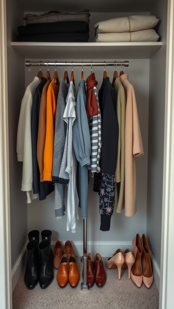 A well-organized small closet with a rotating garment rack displaying various seasonal clothes and neatly arranged shoes.