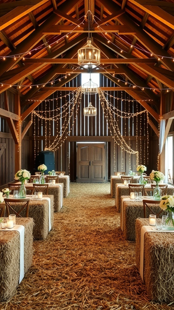 Rustic barn interior with straw bales and string lights for a cozy atmosphere.