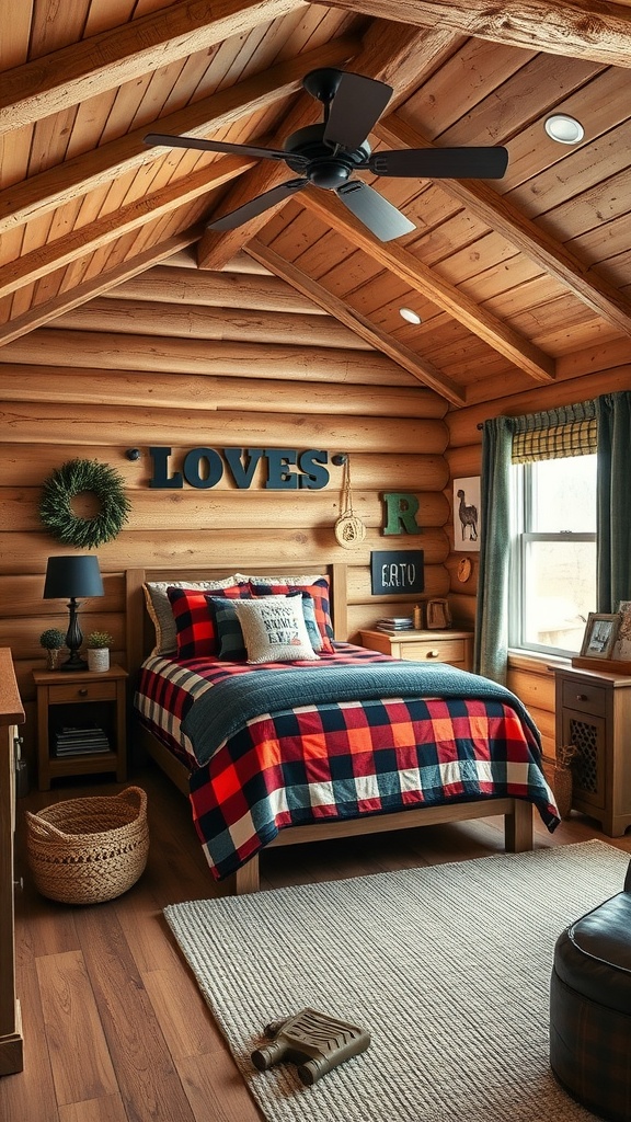 A rustic boys bedroom featuring wooden walls, a plaid quilt on the bed, and playful decor.