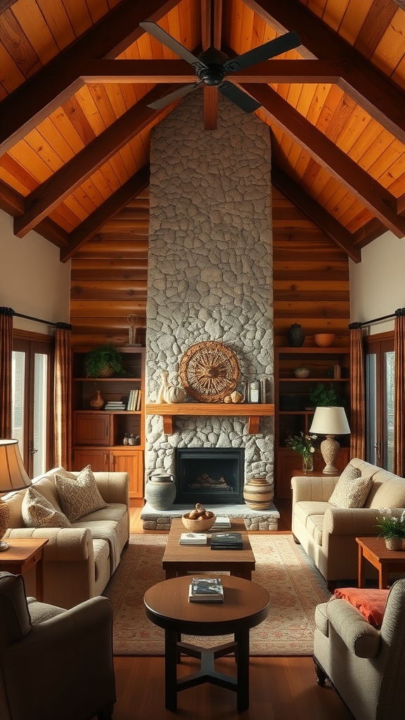 A rustic living room with a half vaulted ceiling, featuring a stone fireplace and cozy seating.