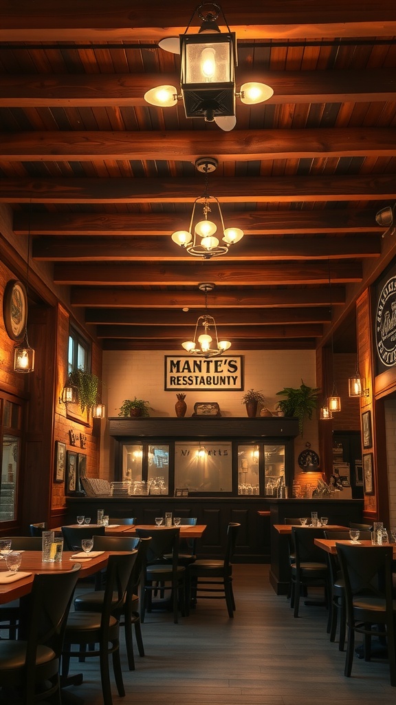 A cozy restaurant interior featuring exposed wooden beams, warm lighting, and inviting tables.