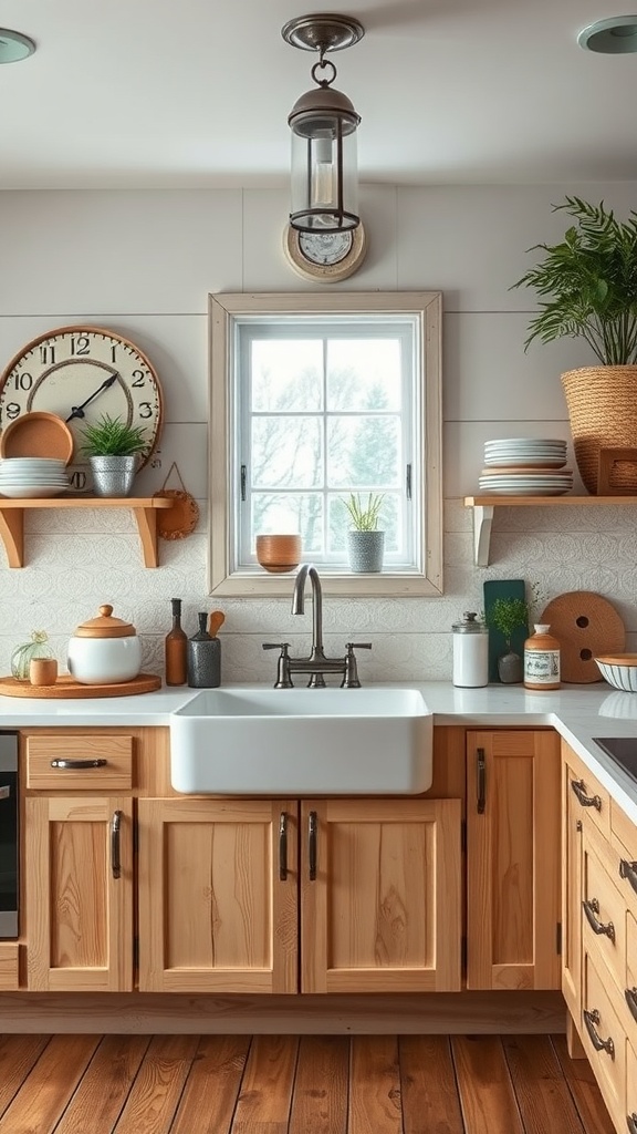 A cozy Shaker style kitchen featuring light wood cabinets, a farmhouse sink, and rustic decor.