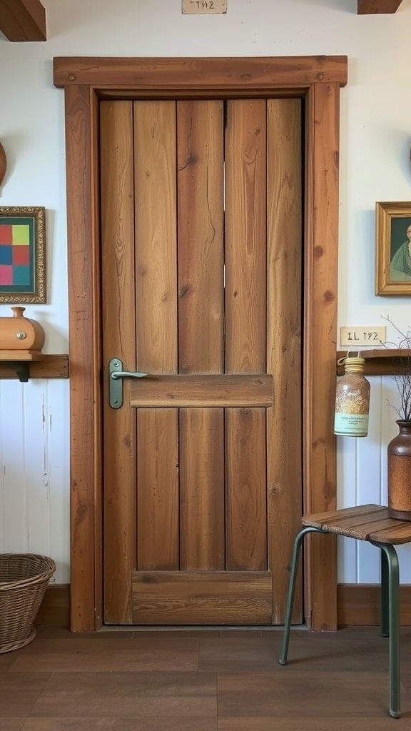 A rustic wooden door with a natural finish, surrounded by a cozy interior setting.