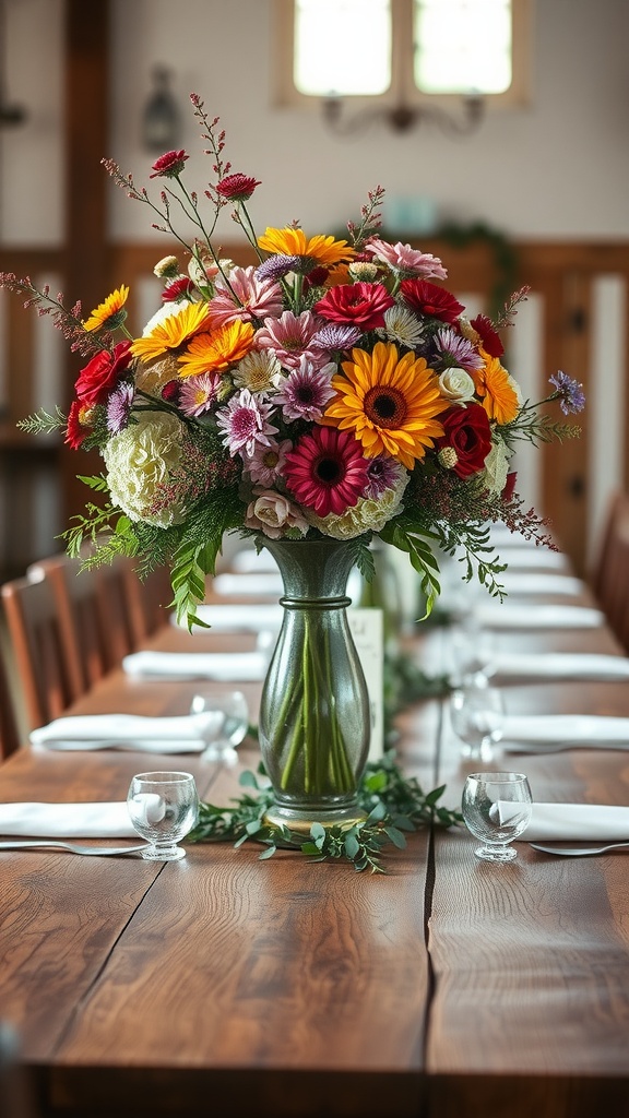 A vibrant rustic floral arrangement featuring seasonal blooms in a vase on a long wooden table.