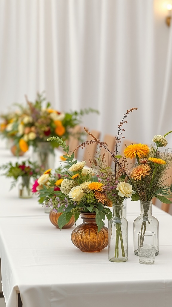 A long table set with rustic floral arrangements in various vases.