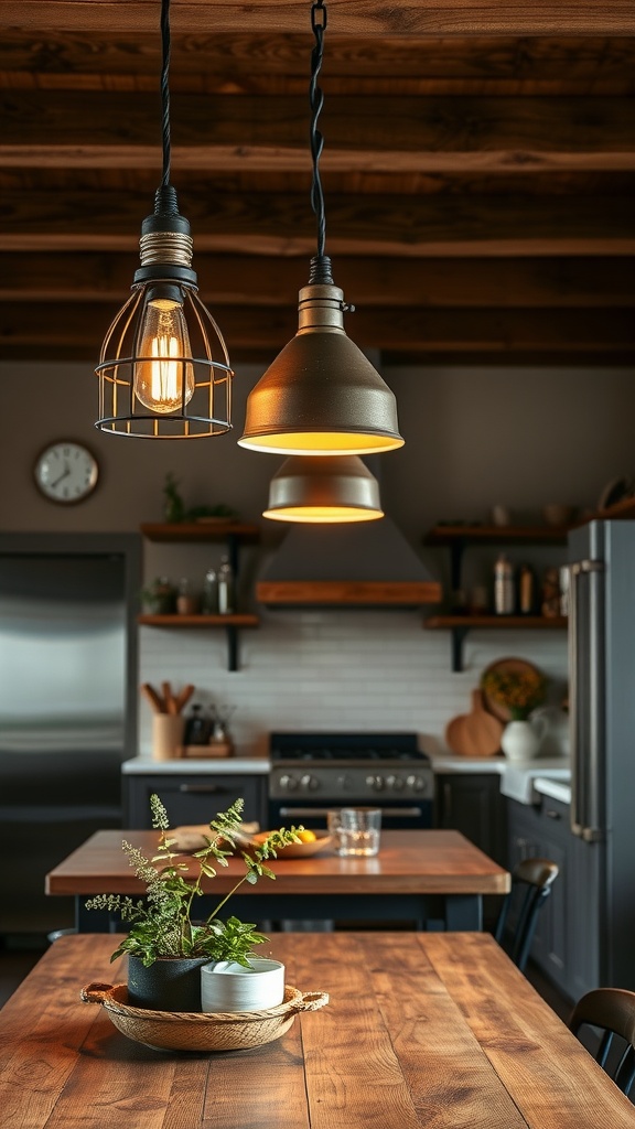 Rustic kitchen lighting with metal and warm light fixtures.