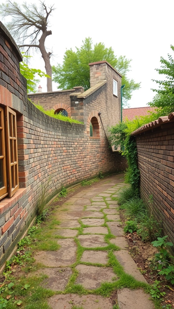 A winding path between rustic stone and brick walls, surrounded by greenery.