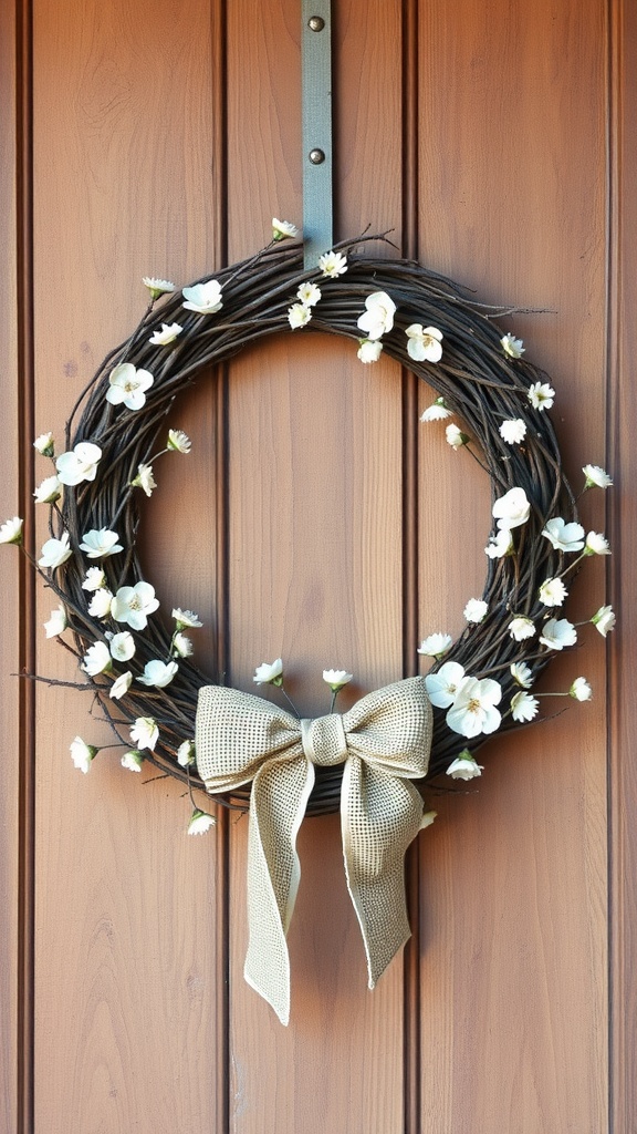 A rustic wreath made from twigs and adorned with white blossoms, featuring a burlap bow, hanging on a wooden door.