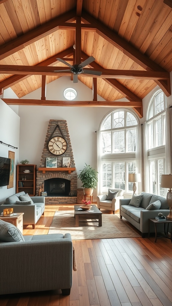 A Western-style living room featuring rustic wood beams, large windows, and a stone fireplace.