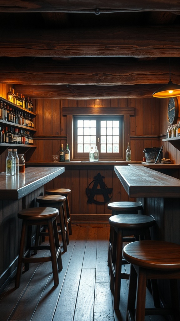 Rustic wooden bar with stools, featuring wooden shelves and a cozy atmosphere.