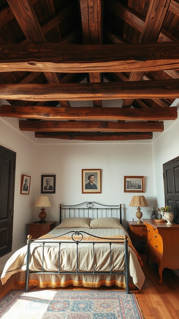 A cozy bedroom with rustic wooden beams across the ceiling, featuring a vintage bed and warm decor.