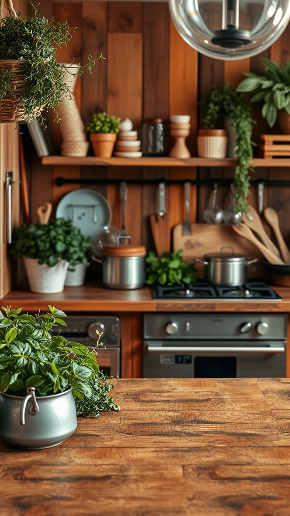 A rustic wooden kitchen countertop with plants and kitchen utensils, creating a warm and inviting cooking space.