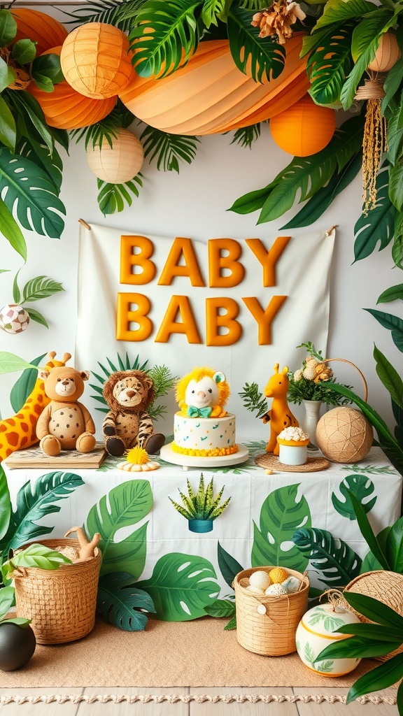 Safari-themed baby shower decorations with animal prints and tropical elements.