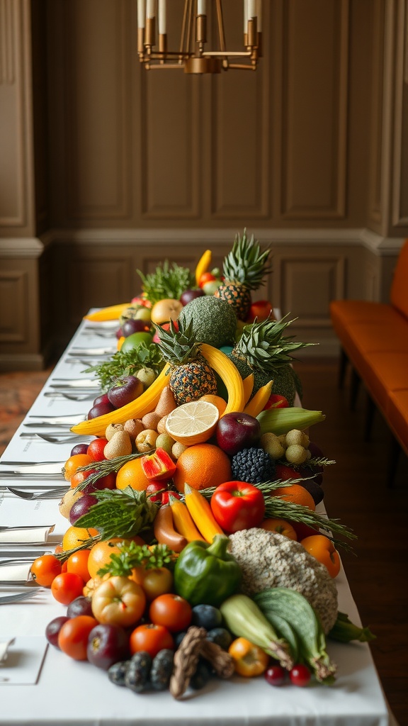 A vibrant centerpiece featuring a variety of seasonal fruits and vegetables on a long table.