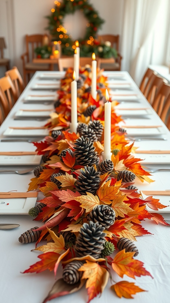 Long table centerpiece featuring seasonal leaves and pinecones for autumn