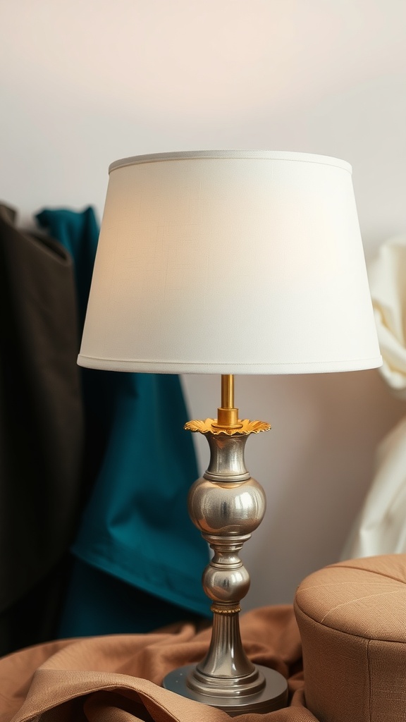 A stylish table lamp with a silver base and white shade, set against colorful fabrics.