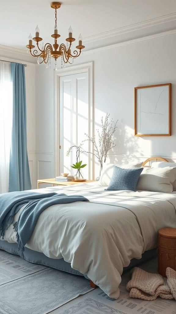 A serene bedroom featuring light blue curtains, soft bedding, and a cozy atmosphere.