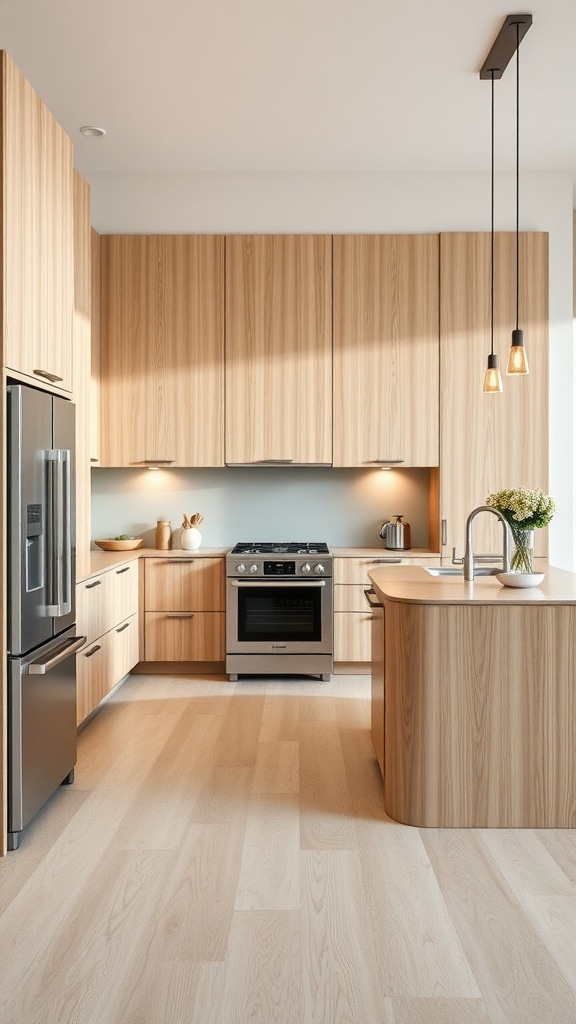 A sleek contemporary kitchen featuring light wood cabinets and modern appliances.