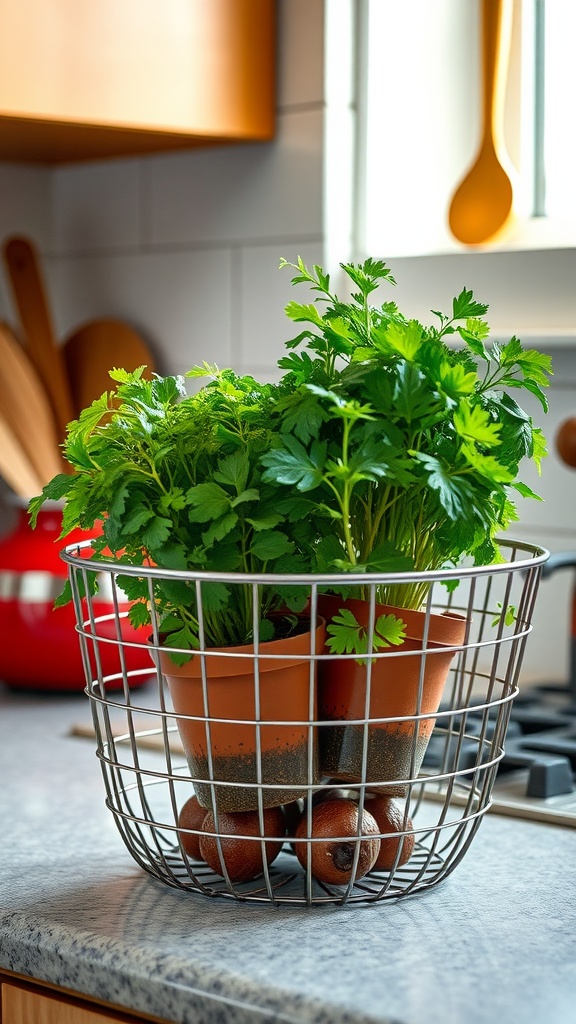 A wire basket holding potted herbs and avocados on a kitchen countertop.