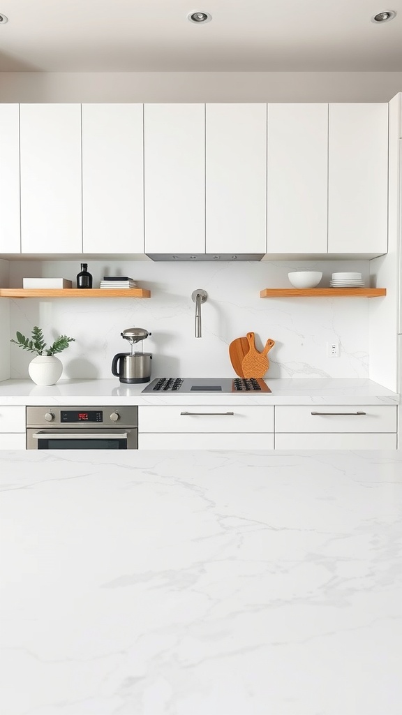 A sleek kitchen with a marble countertop, white cabinets, and wooden shelves.