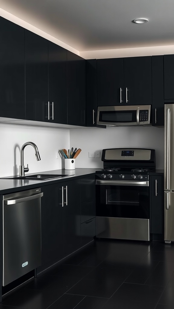 A modern dark kitchen with sleek minimalist fixtures.