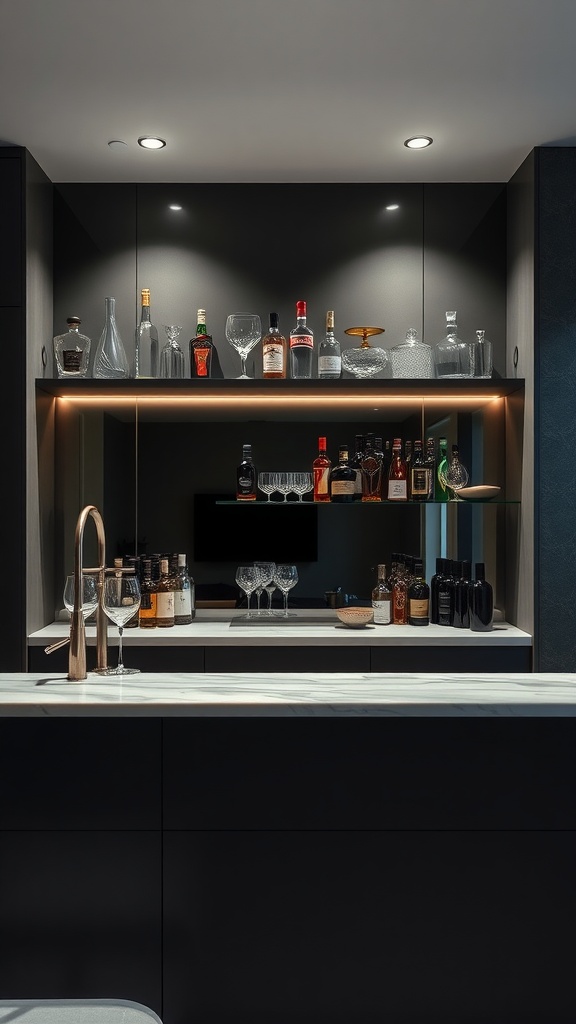 A modern wet bar with elegant glassware and a minimalist design.