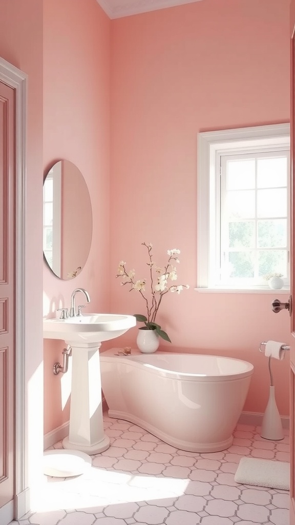 A bathroom featuring soft blush pink walls, a white bathtub, and delicate flowers for a calm aesthetic.