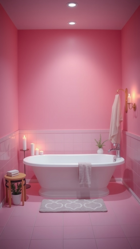 A pink bathroom featuring soft lighting with a cozy atmosphere, including a freestanding tub, candles, and plants.