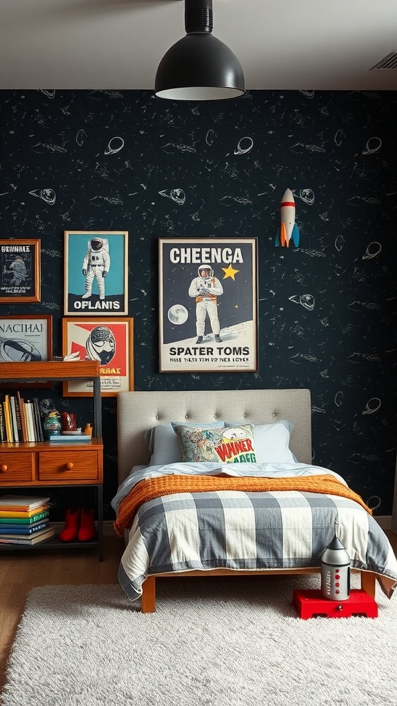 A vintage boys bedroom designed with space exploration theme featuring a bed, bookshelf, posters, and decorative items.