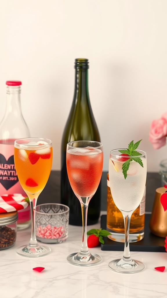 A sparkling drink station featuring colorful cocktails, wine, and cute garnishes