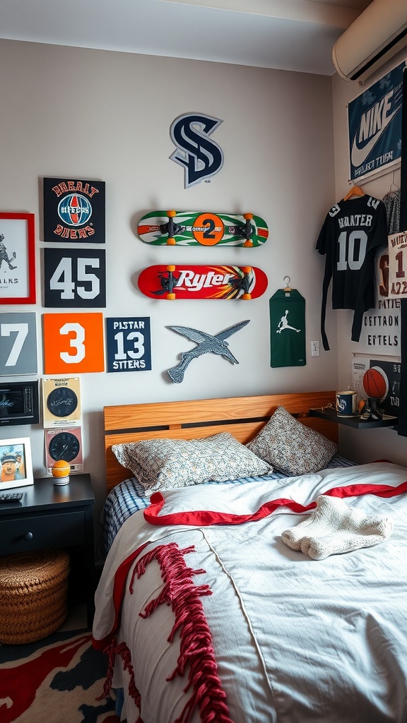 A sports-themed bedroom with skateboards and sports jerseys on the walls, showcasing a young boy's love for sports.