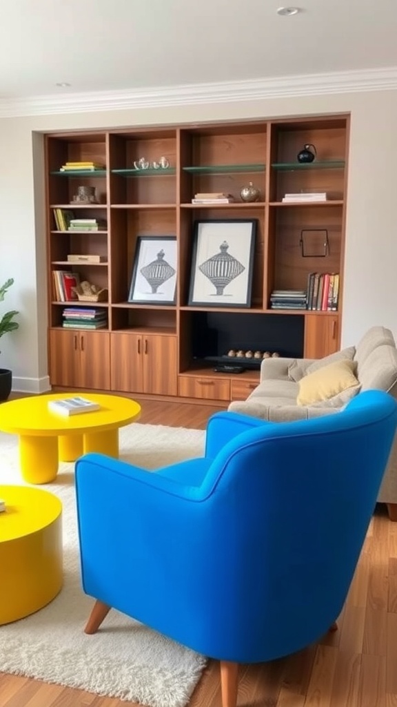 A colorful living room featuring a blue armchair and a yellow coffee table with wooden shelves in the background.