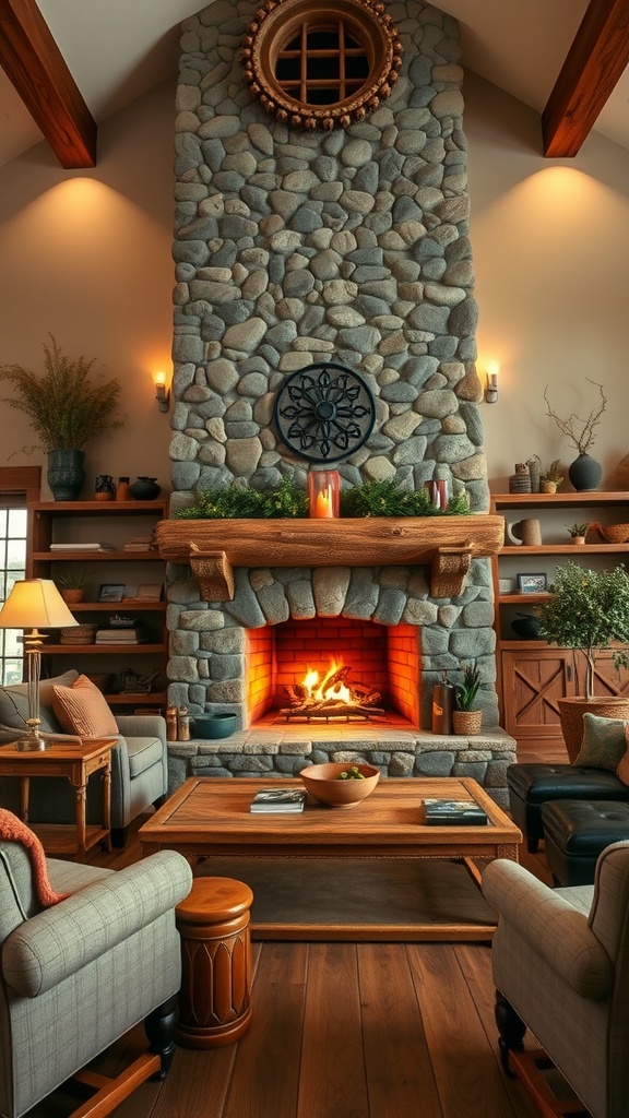 A cozy living room featuring a large stone fireplace, wooden beams, and comfortable seating.