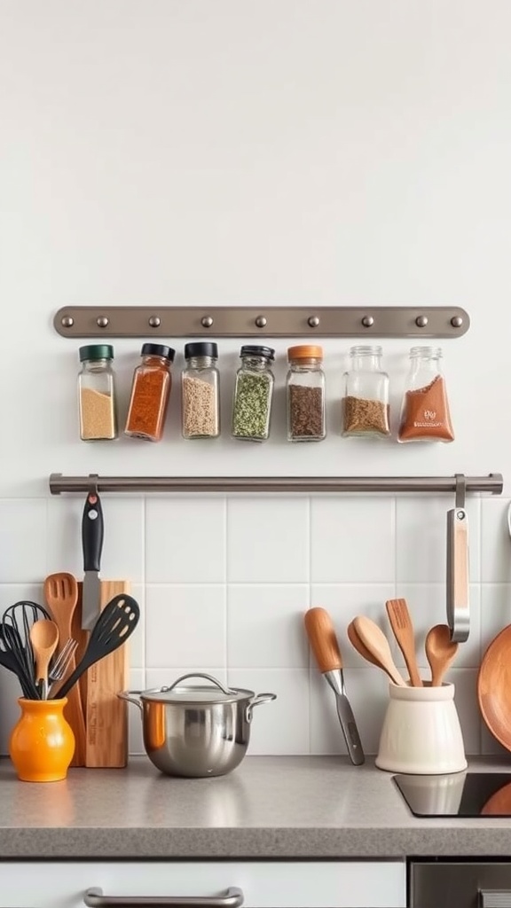 A stylish arrangement of magnetic spice jars on a wall-mounted rack in a modern kitchen.