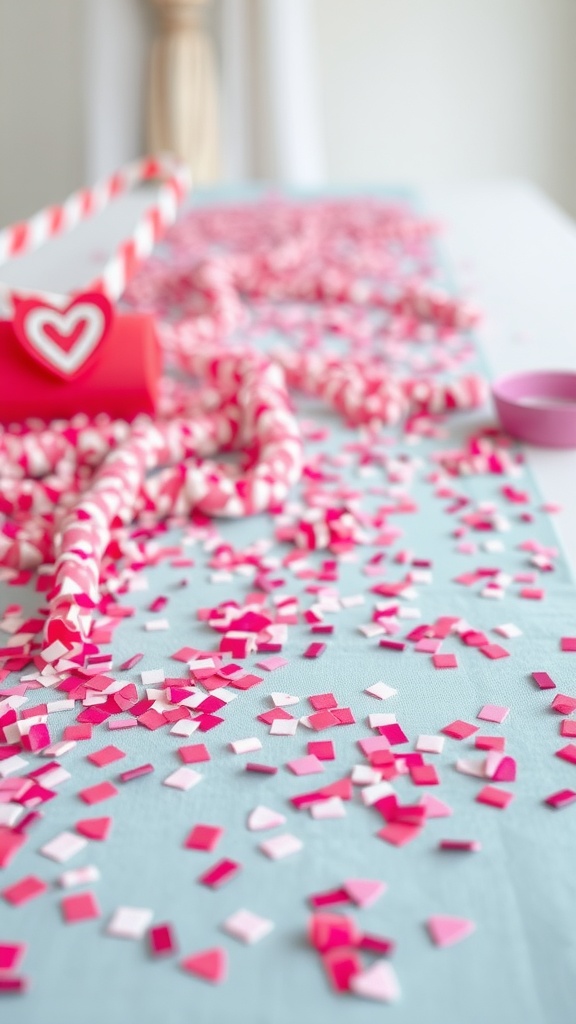 A stylish table runner adorned with colorful confetti in shades of pink and red, creating a festive atmosphere.