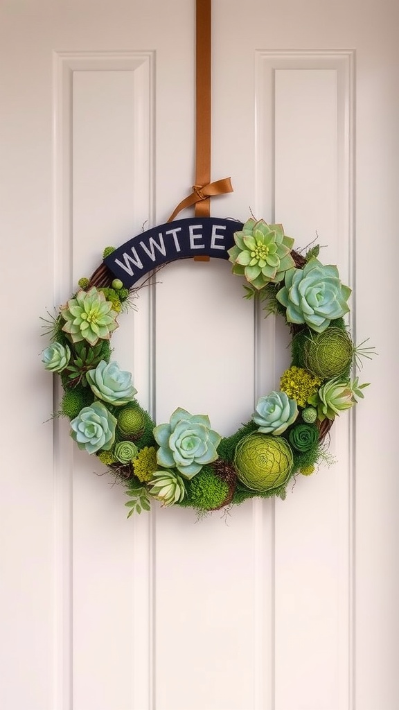 A beautiful succulent and moss wreath hanging on a door, featuring various shades of green and a charming design.