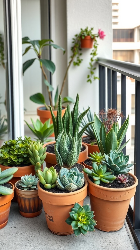 A balcony garden showcasing an array of succulents in terracotta pots.