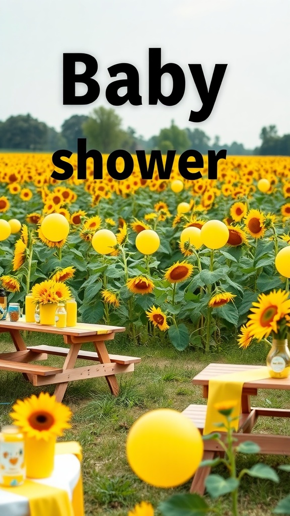 Sunflower field set up for a baby shower with picnic tables and yellow decorations.