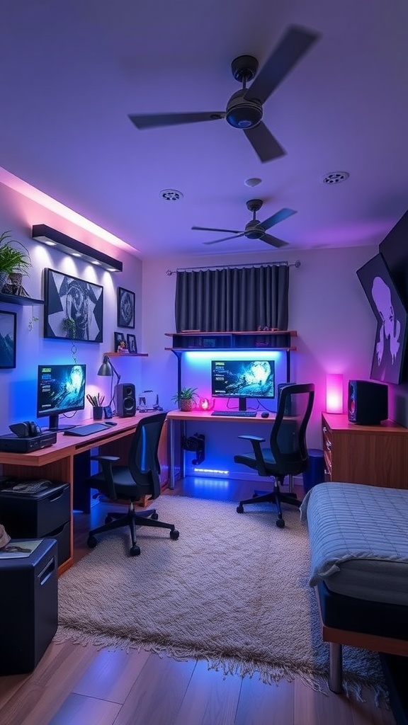 A modern teen boy bedroom featuring two desks with monitors, stylish lighting, and a cozy rug.