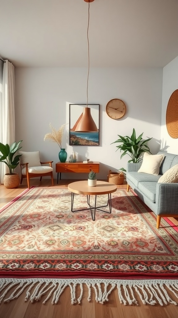 A modern boho living room featuring a large, layered rug with intricate patterns and warm colors, complemented by stylish furniture and plants.