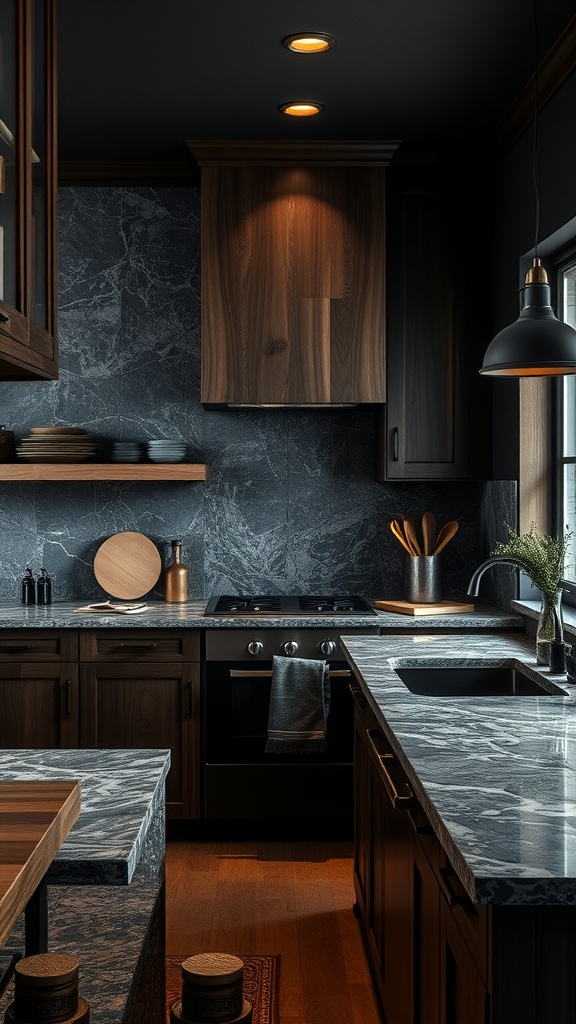 A modern kitchen featuring dark textured stone countertops and wooden cabinetry.