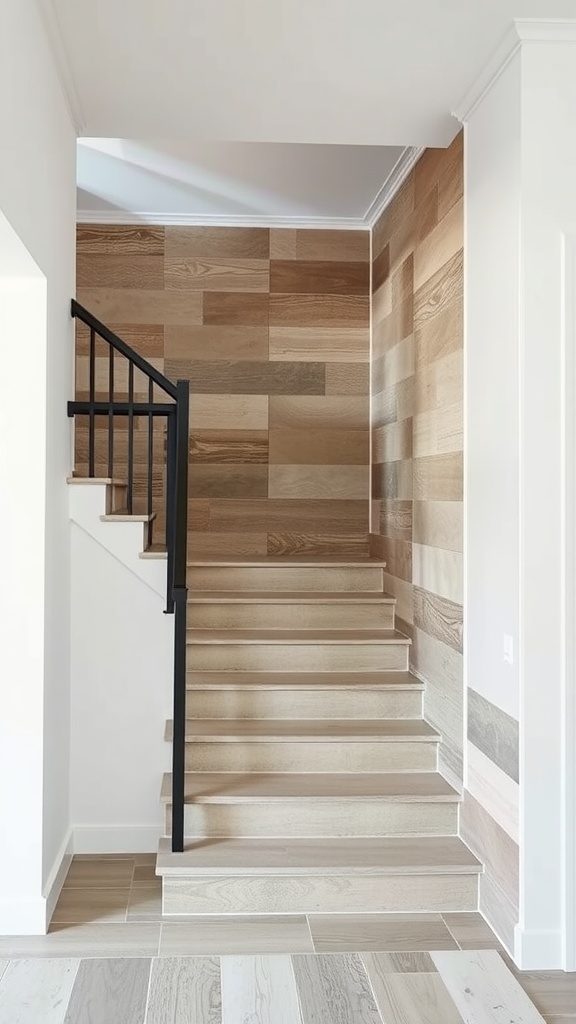 A modern stairway with textured wooden wall panels and sleek black railing.